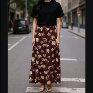 Vintage Rich Brown Floral Cream Fall Maxi Column Skirt